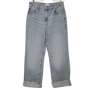 Zara High Rise Straight Leg Cuffed 100% Cotton Jeans in Light Wash, Size 10